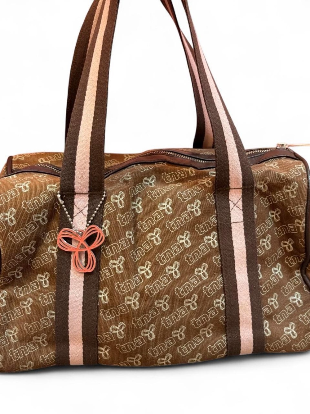 TNA Brown Duffel with Pink Striped Handles